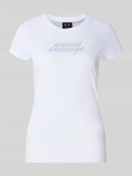 T-shirt z obszyciem ozdobnymi kamieniami i okrągłym dekoltem Armani Exchange biała