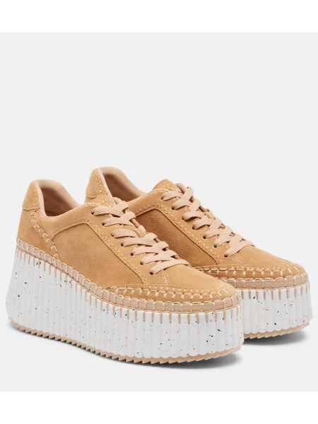 Sneakerși Chloé Nama din piele de căprioară cu platformă bej