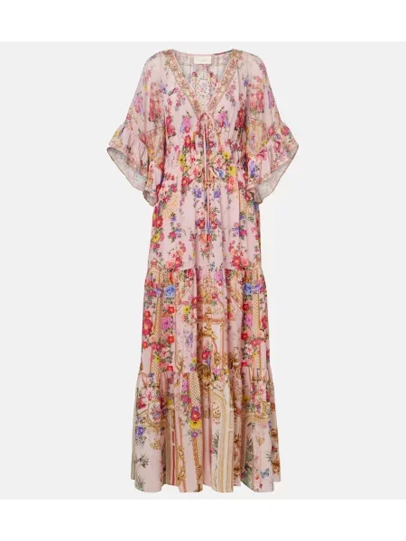 Rochie maxi Camilla de mătase cu model floral roz