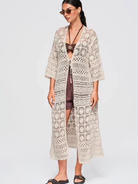 Lung cardigan Ombre cu broderie maro