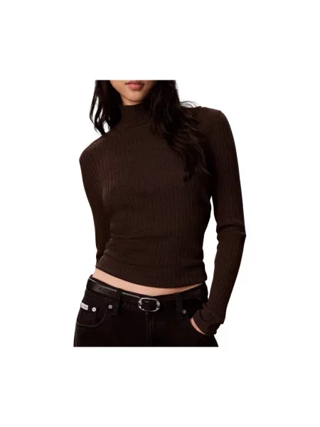 Sweter z golfem Calvin Klein wełniany do golfa brązowy