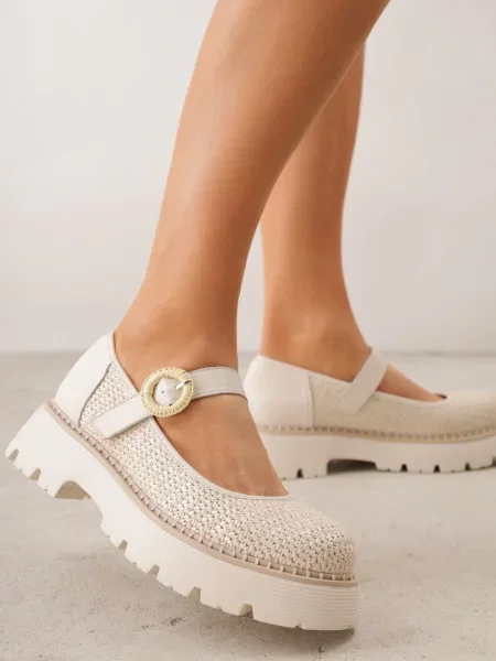 Pantofi din Piele Mary Jane stil Chunky Decorați cu împletitură Morxina bej