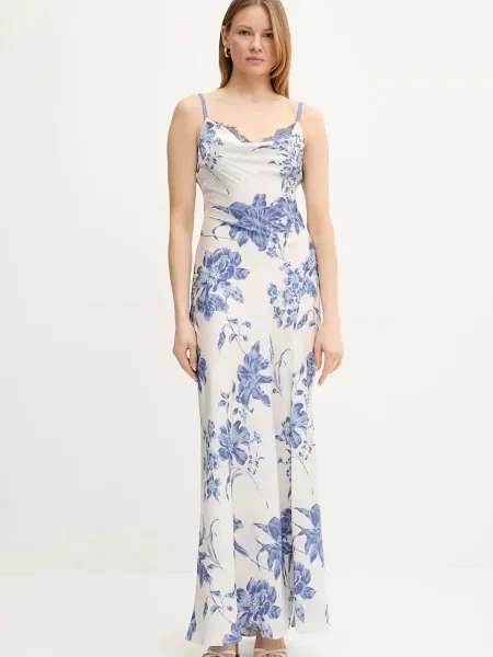 Guess sukienka ADLE maxi rozkloszowana beżowy