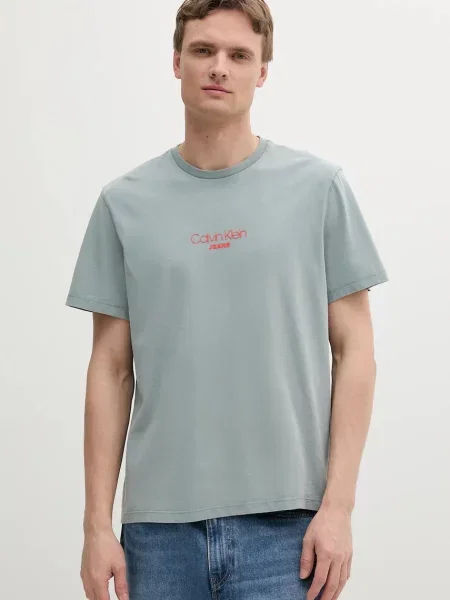 Тениска Calvin Klein Jeans зелено с принт сиво