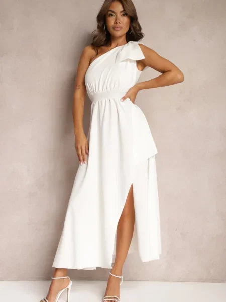 Sukienka Koktajlowa o Asymetrycznym Kroju na Jedno Ramię Ozdobiona Kokardą Vimorissa biała