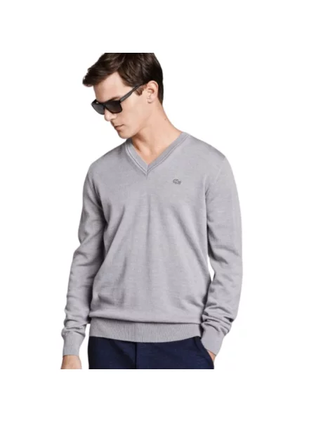 Bluza Lacoste wełniana z dekoltem w serek szara
