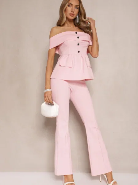 Compleu de costum Bluză Tip spaniolă și Pantaloni Flare Silkio roz