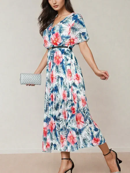 Rochie midi Resti cu model floral plisată până la genunchi albastru