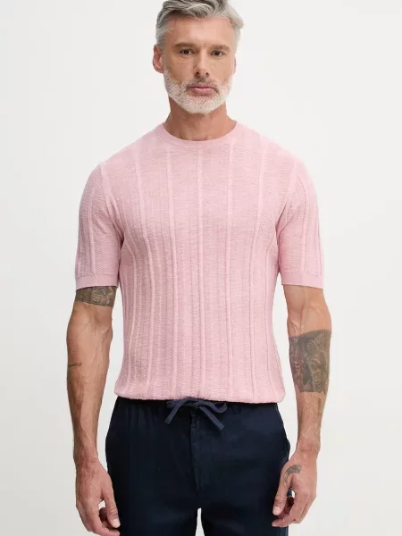 United Colors of Benetton tricou tricotat pentru bărbați cu amestec de in roz