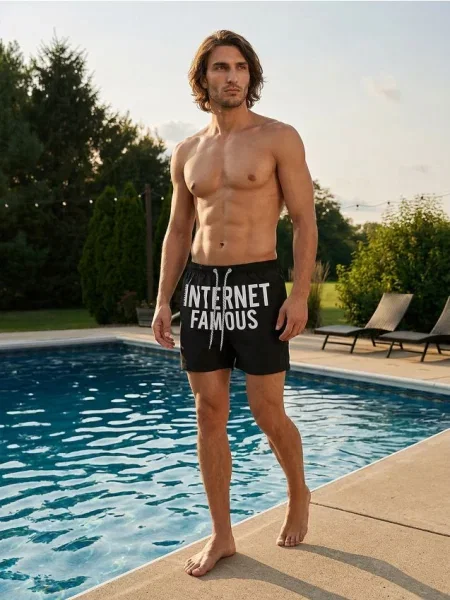 Sinsay Koupací šortky s nápisem Internet Famous černá