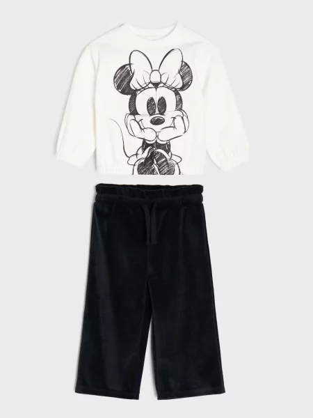 Sinsay Komplet: mikina s potiskem Minnie Mouse a velurové kalhoty wide leg krémová