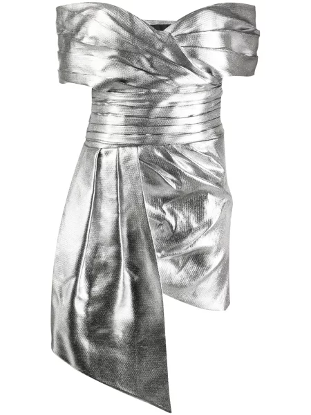 Rochie mini Alexandre Vauthier drapată cu umerii deschiși de costum argintiu
