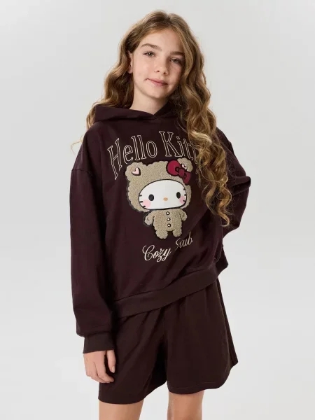 Sinsay mikina s kapucí a potiskem s towel efektem Hello Kitty tmavě hnědá