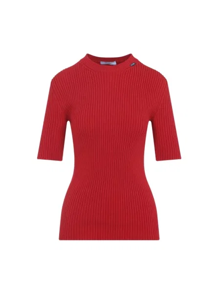 Sweter Prada wełniany z logo z krótkim rękawem czerwony