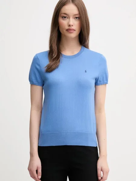Bluzka z dzianiny z wyhaftowanym logo Polo Ralph Lauren niebieska