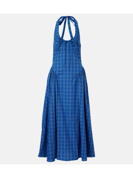 Rochie midi Faithfull în carouri cu gât halter albastru
