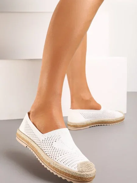 Espadrile Ajour cu Talpă Împletită și Vârf Decorativ Uraian albe