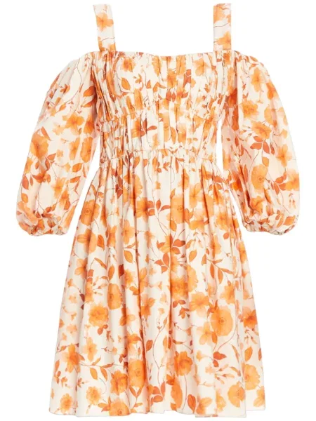 Sukienka Vasiliki w kwiatki z nadrukiem plisowana pomarańczowa