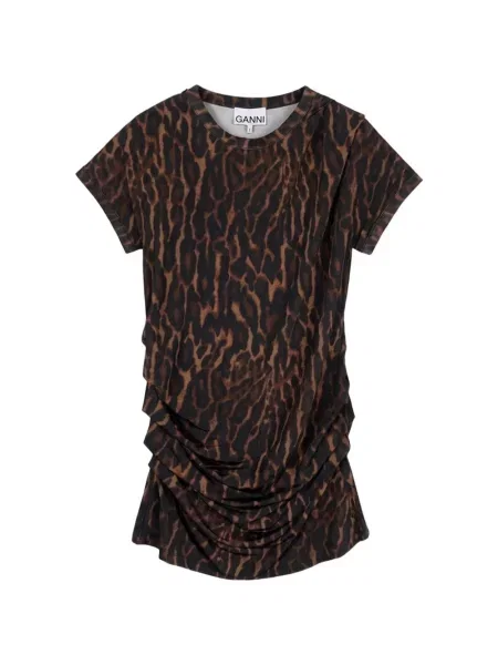 Bluză Ganni cu imagine cu model leopard drapată maro