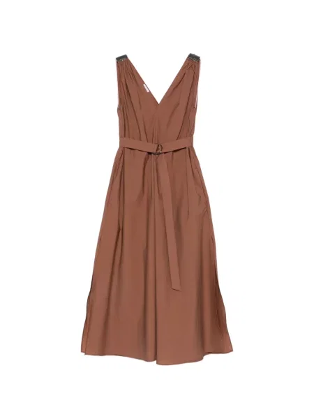 Rochie Brunello Cucinelli cu decolteu în V cu mărgele de costum maro