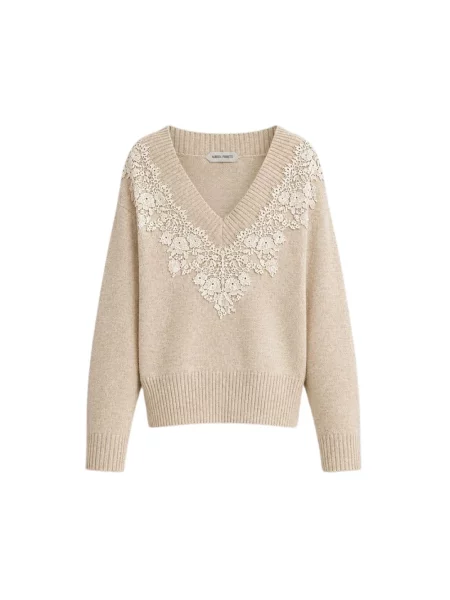 Sweter Alberta Ferretti z dekoltem w serek beżowy