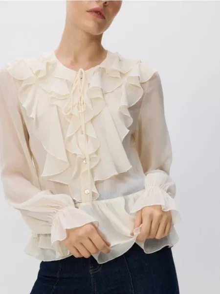Reserved Блузка з оборками кремовий 