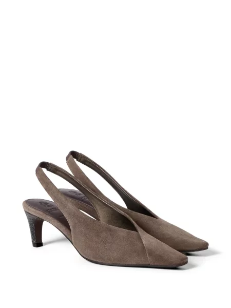 Pantofi cu toc Brunello Cucinelli din piele de căprioară slingback maro