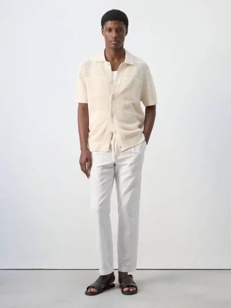 Spodnie slim fit cropped z lnu i bawełny złamana biel Mężczyzna 40 MANGO MAN