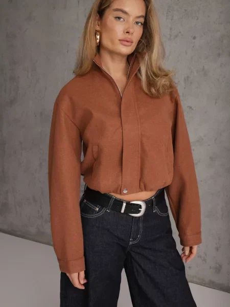 Kurtka Przejściowa Bomber Jacket ze Stójką z Wełną i Bawełną Bioneza brązowa