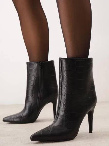 Botine cu stiletto în stil elegant cu embosare croco Ravlian negre