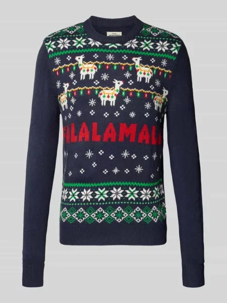 Sweter z dzianiny o kroju regular fit z wyhaftowany wzór Montego granatowy