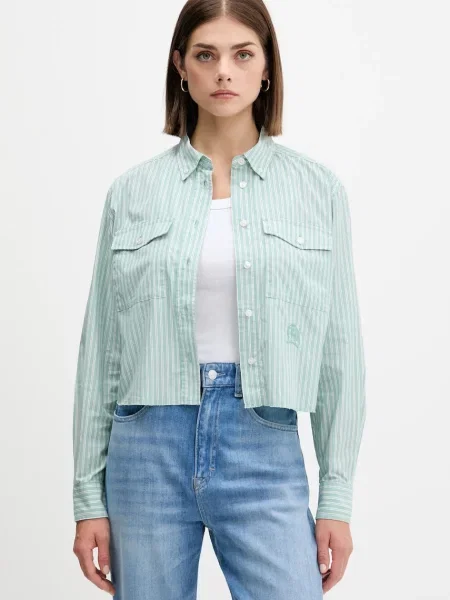 Košulja Tommy Jeans za žene relaxed s klasičnim ovratnikom zelena