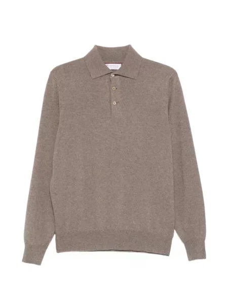 Lung tricou polo Brunello Cucinelli din cașmir maro