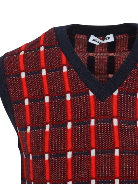 Prsluk Jil Sander karirani s V-izrezom crvena