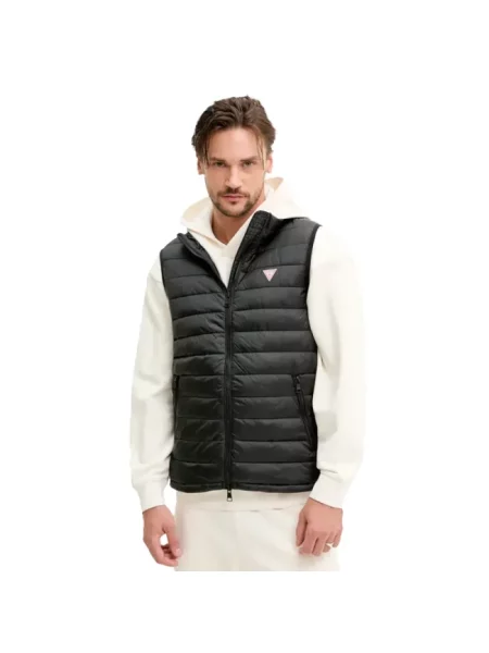 Kamizelka puchowa Guess Jeans elegancka z kapturem czarna