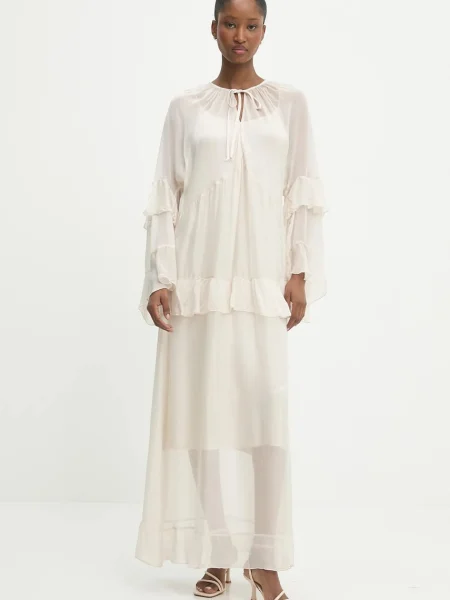 Answear Lab sukienka z jedwabiem maxi rozkloszowana beżowy