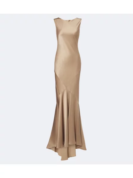 Rochie maxi Max Mara din satin cu spatele deschis bej