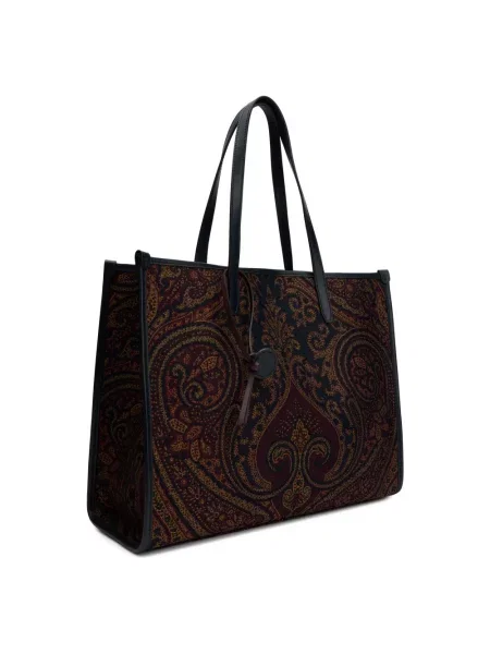 Shopperka Etro skórzana z nadrukiem z wzorem paisley brązowa