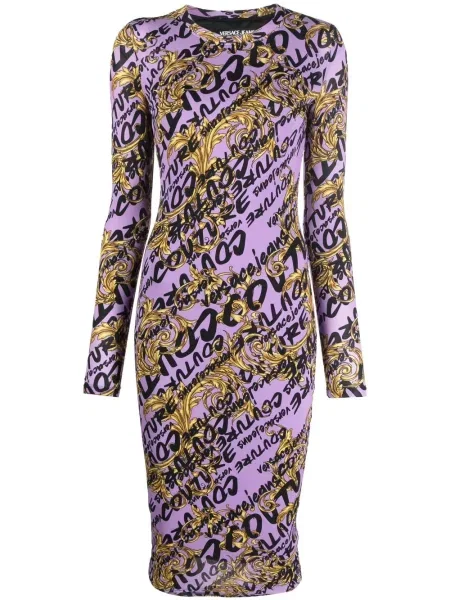 Rochie din denim Versace Jeans Couture cu imagine până la genunchi de costum violet