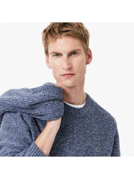 Lacoste Sweter Z Okrągłym Dekoltem Z Merceryzowanej Wełny Karbowanej granatowy