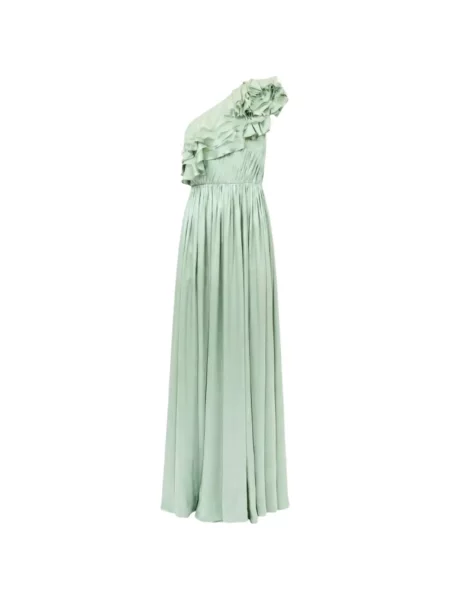 Rochie maxi Ulla Johnson de mătase cu volane cu un umăr gol verde