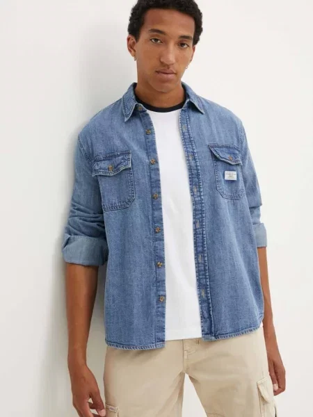 Guess Jeans koszula jeansowa niebieski regular z kołnierzykiem klasycznym