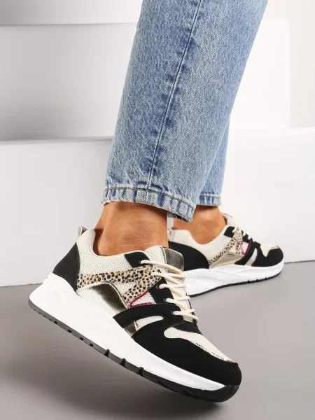 Czarno-Beżowe Sneakersy z Siateczkowymi i Metalicznymi Zdobieniami Detama czarne