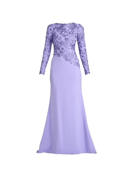 Rochie maxi Tadashi Shoji cu model floral lungă de costum violet