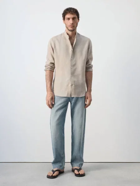 Koszula regular fit z lnu piaskowy Mężczyzna XS MANGO MAN