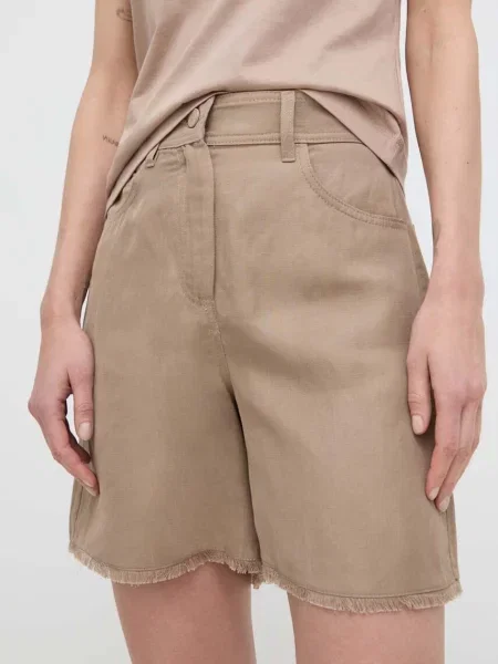 Marella pantaloni scurți din amestec de in neted high waist bej