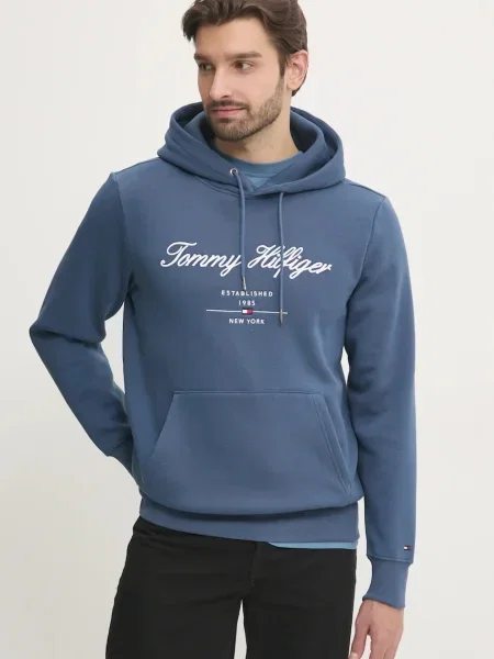 Суичър с качулка Tommy Hilfiger с качулка с апликация синьо