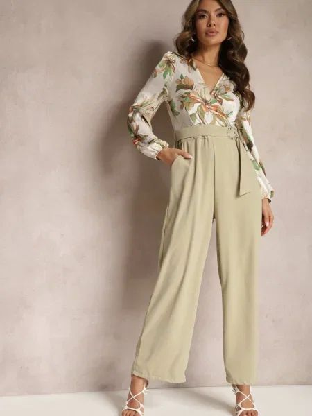 Salopetă Deschis Florală cu Decolteu Petrecut cu Cordon și Pantaloni Largi Vinia verde