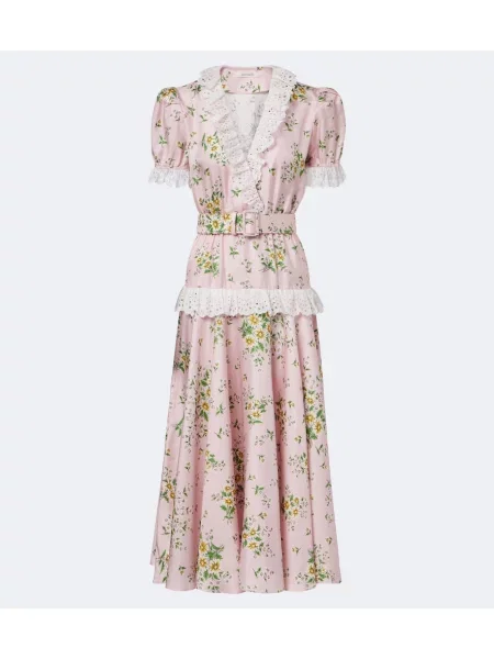 Cu centură rochie midi Rodarte de mătase cu model floral roz