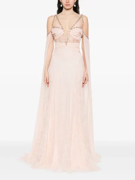 Rochie maxi Nissa din dantelă de costum roz